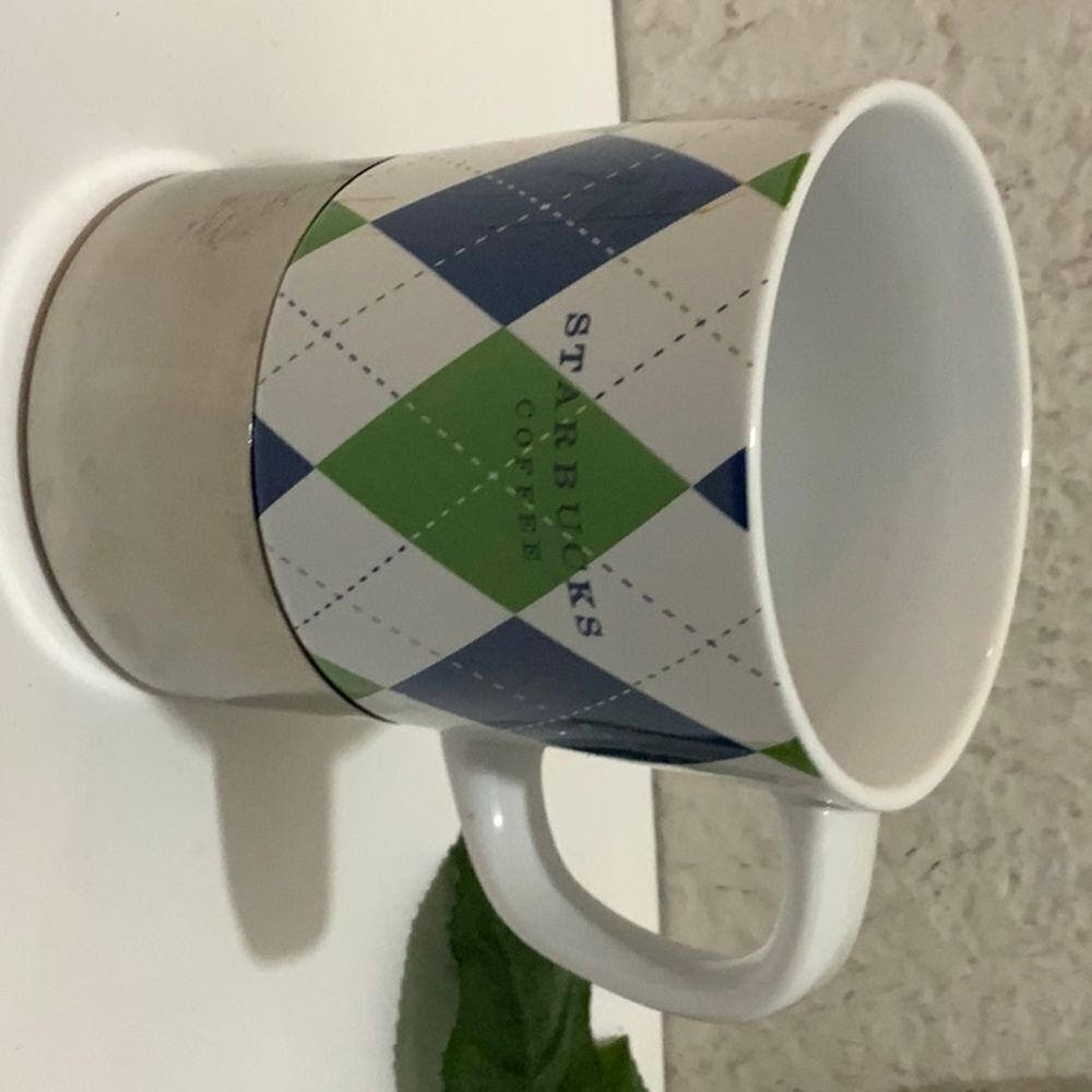 2006 Starbucks green blue plaid coffee tea Coco mug cup In silver holder
